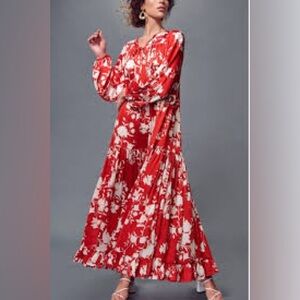 Johanna Ortiz x H&M Red Floral Voluminous Satin Maxi Dress Sz S